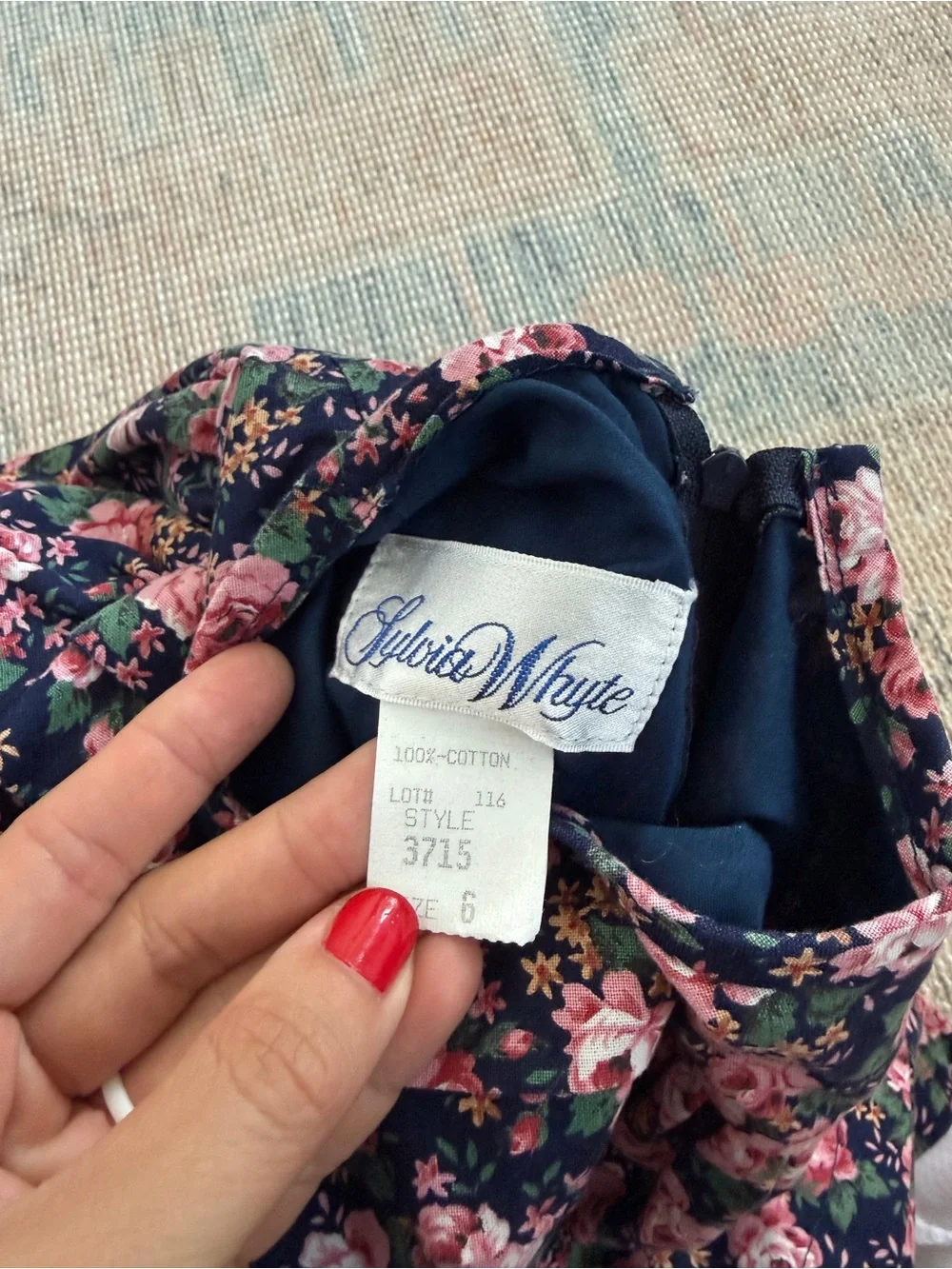 Sylvia Whyte Navy Pink Vintage Floral Smocked Puff Sleeve Dress Size 6